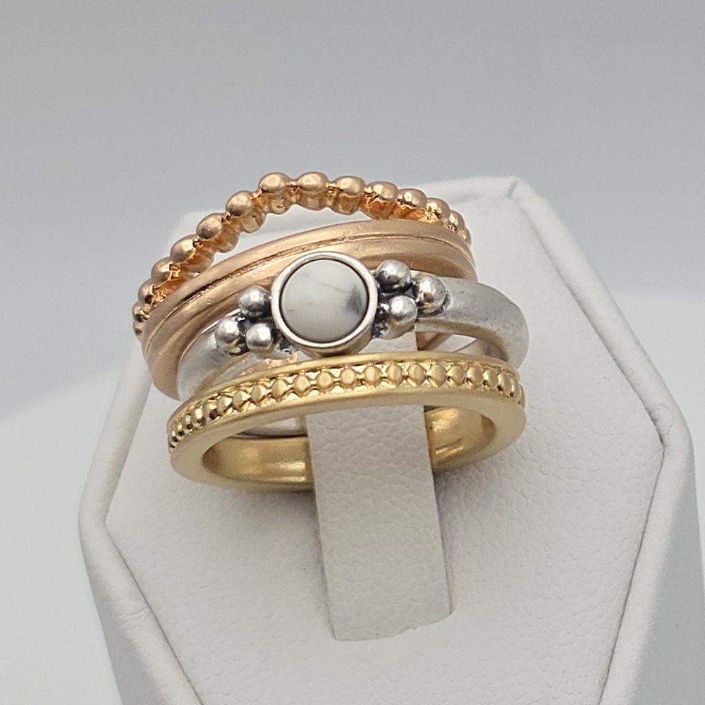 New! LUCKY BRAND Stackable Rings Howlite Dot Rose Gold Silver Tone Size 7